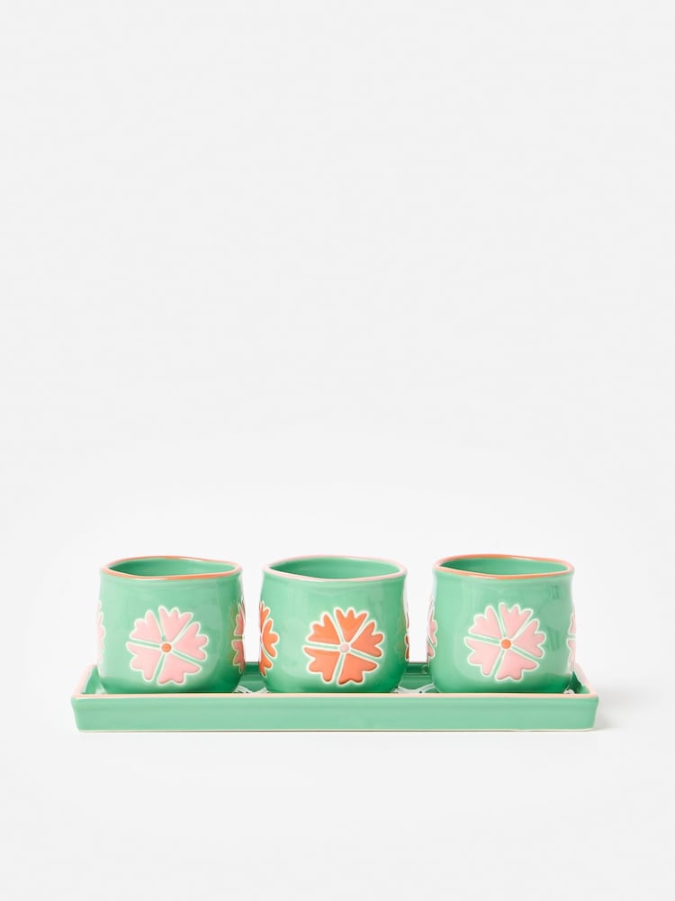 Oliver Bonas Set of 3 Green Flor Mini Plant Pots - Image 1 of 6 Oliver Bonas Set of 3 Green Flor Mini Plant Pots - Image 1 of 6