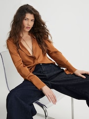 River Island Brown Long Sleeve Satin Shirt - Image 1 of 4