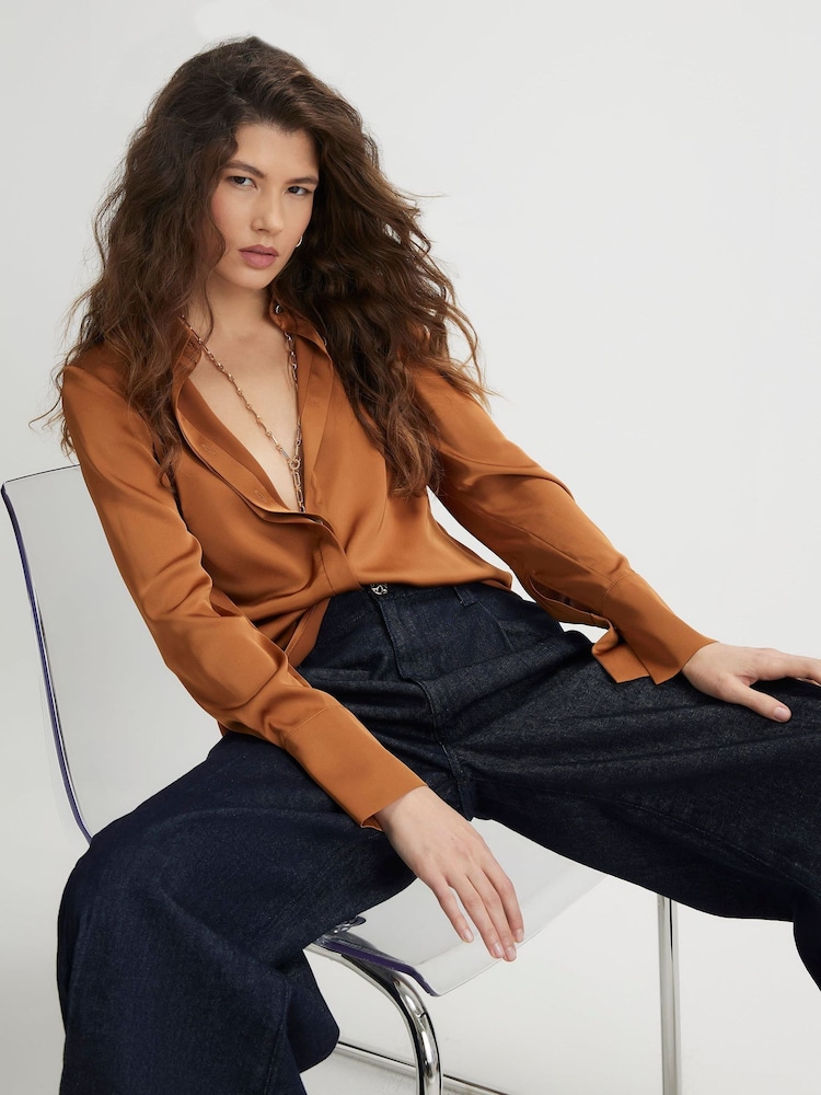 River Island Brown Long Sleeve Satin Shirt - Image 1 of 4