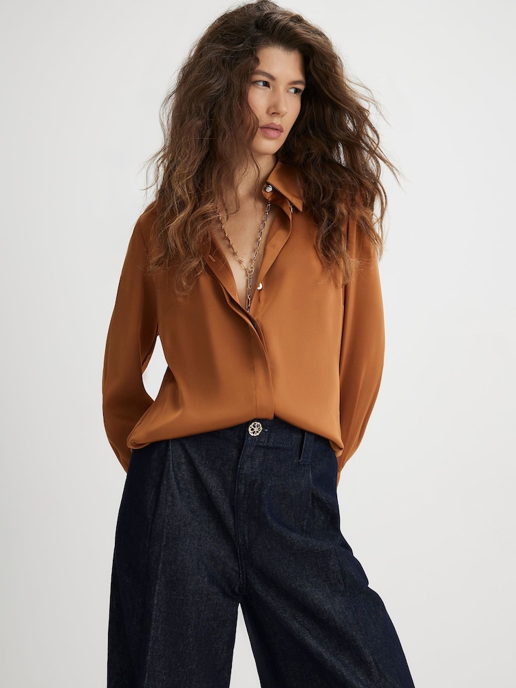 River Island Brown Long Sleeve Satin Shirt - Image 2 of 4