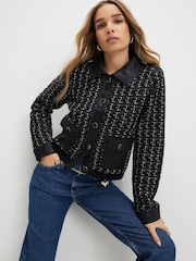 River Island Black Boucle Faux Leather Collar Cardigan - Image 1 of 4