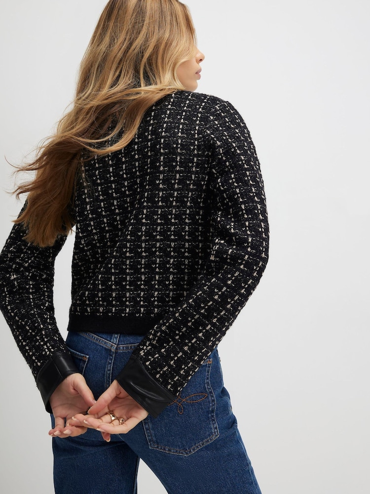 River Island Black Boucle Faux Leather Collar Cardigan - Image 2 of 4