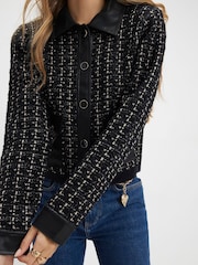 River Island Black Boucle Faux Leather Collar Cardigan - Image 3 of 4
