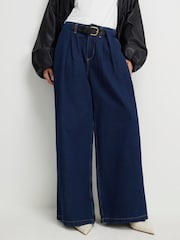 River Island Blue Petite High Rise Belted Wide Leg Jeans - Image 3 of 5