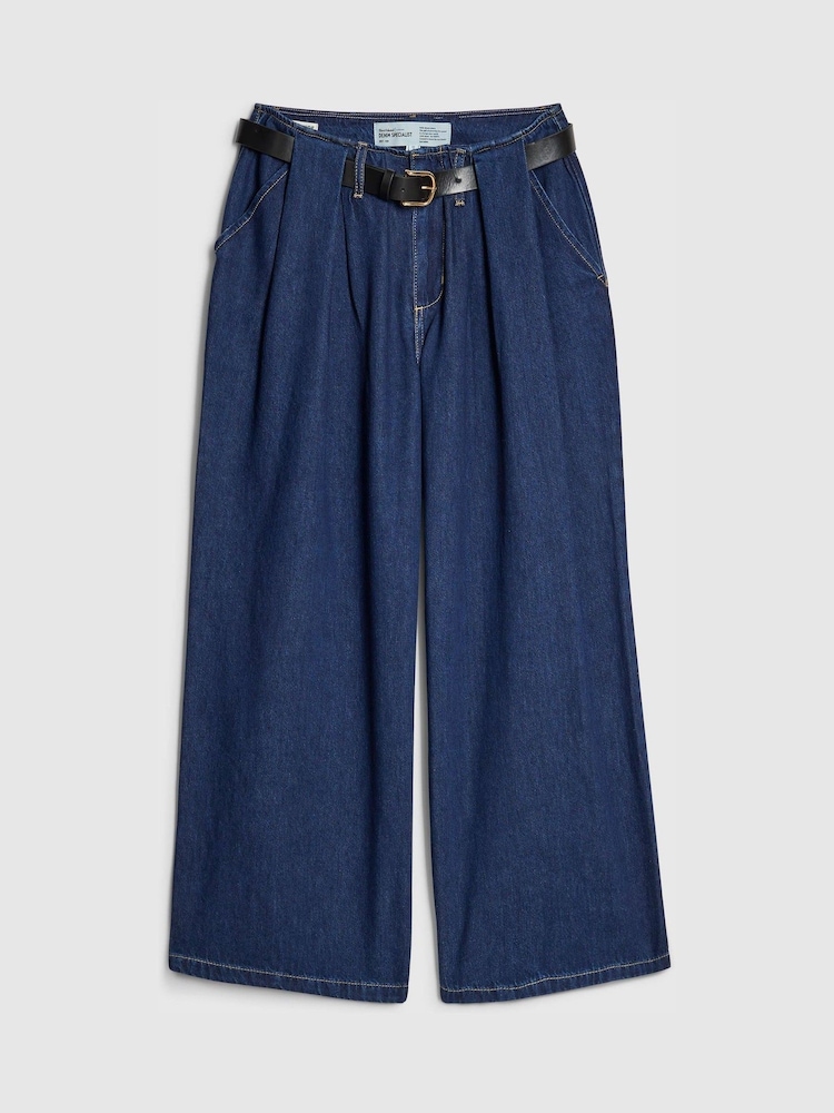 River Island Blue Petite High Rise Belted Wide Leg Jeans - Image 5 of 5