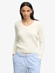 Superdry Cream Wool Blend Cable V-Neck Jumper - Image 1 of 4