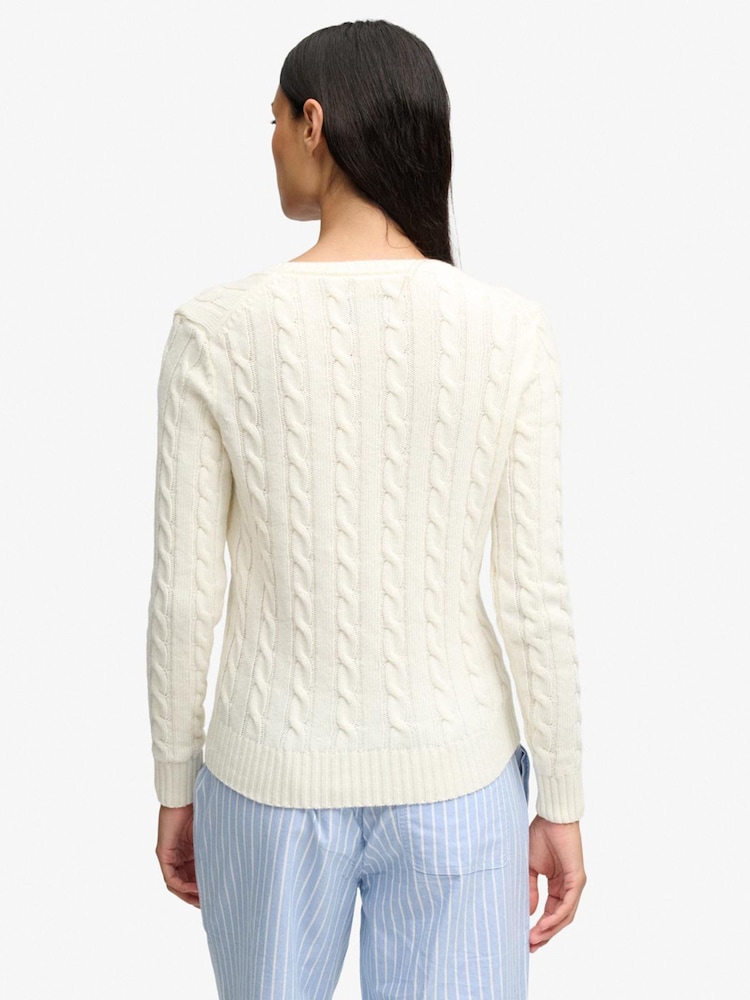 Superdry Cream Wool Blend Cable V-Neck Jumper - Image 2 of 4