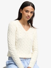Superdry Cream Wool Blend Cable V-Neck Jumper - Image 4 of 4
