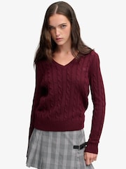 Superdry Red Wool Blend Cable V-Neck Jumper - Image 1 of 7