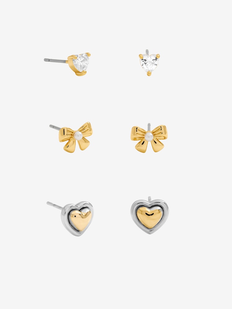 Inicio Gold Tone Heart and Bow Earrings Pack of 3 - Image 1 of 3 Inicio Gold Tone Heart and Bow Earrings Pack of 3 - Image 1 of 3