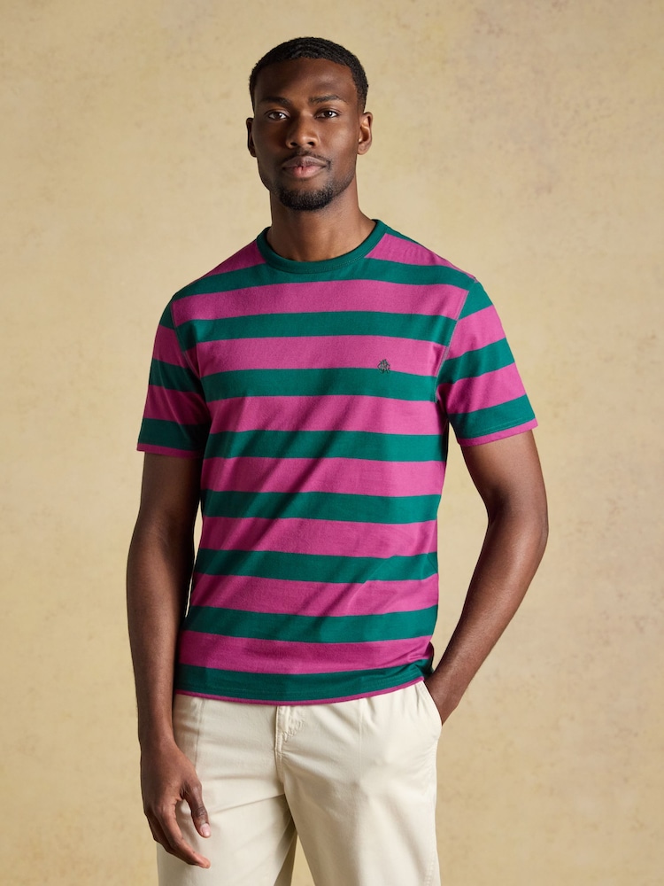 Joules Rugby Club Pink & Green Striped Crew Neck Cotton T-Shirt - Image 1 of 7