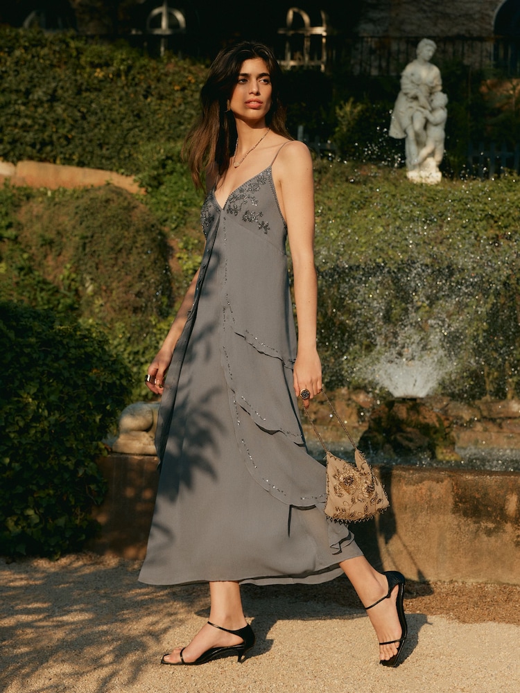 BHOEM Grey Beaded Tiered Maxi Event Dress - Image 1 of 4 BHOEM Grey Beaded Tiered Maxi Event Dress - Image 1 of 4