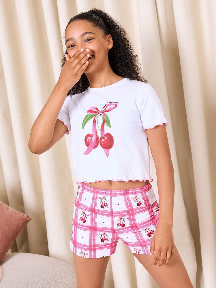 Lipsy White/Pink Cherry Jersey Short Pyjamas Set (5-16yrs) - Image 1 of 4