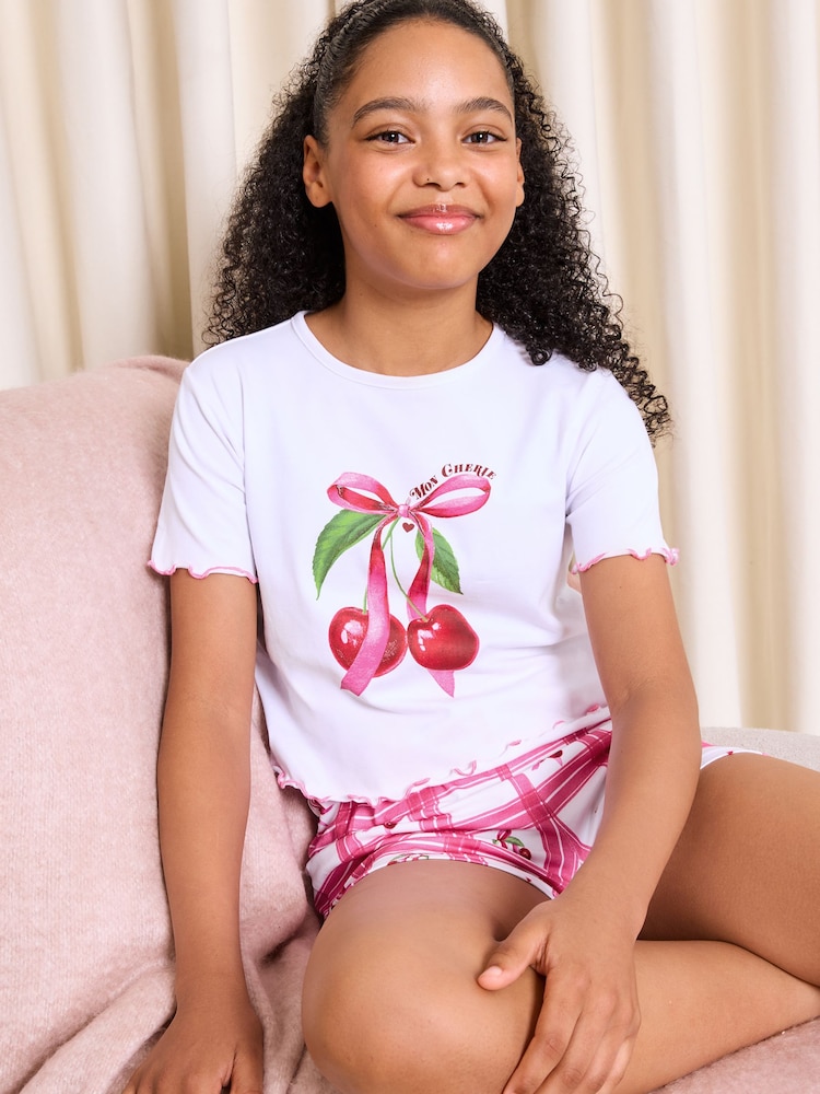 Lipsy White/Pink Cherry Jersey Short Pyjamas Set (5-16yrs) - Image 4 of 4