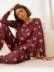 Friends Like These Burgundy Bow Long Sleeve Jogger Pyjamas - Image 1 of 5