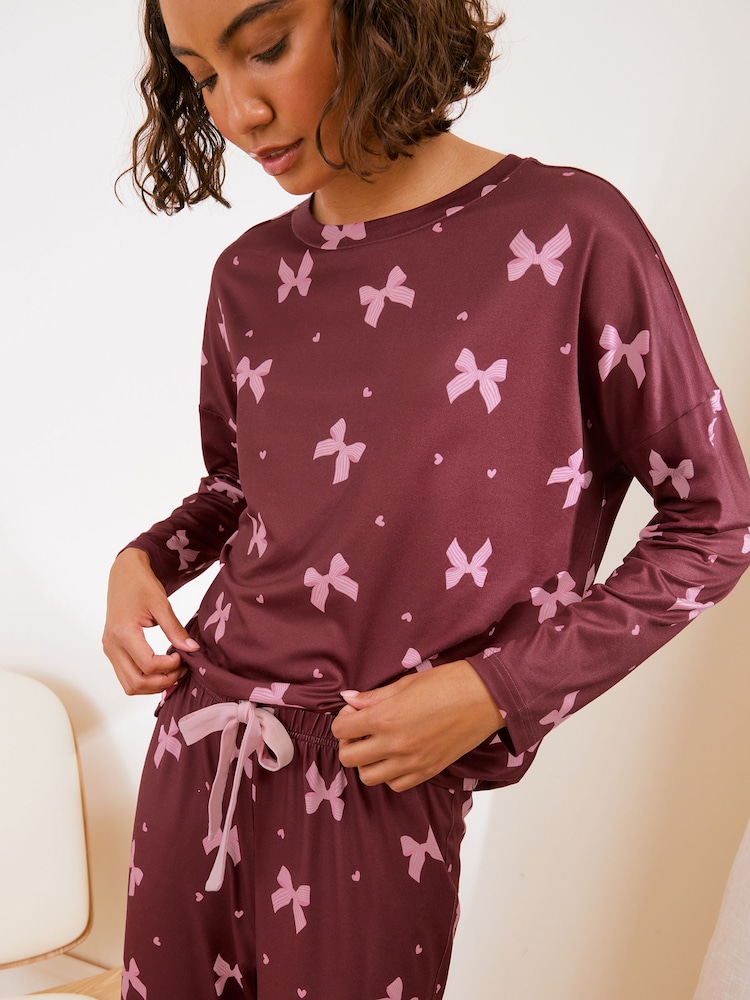 Friends Like These Burgundy Bow Long Sleeve Jogger Pyjamas - Image 2 of 5 Friends Like These Burgundy Bow Long Sleeve Jogger Pyjamas - Image 2 of 5