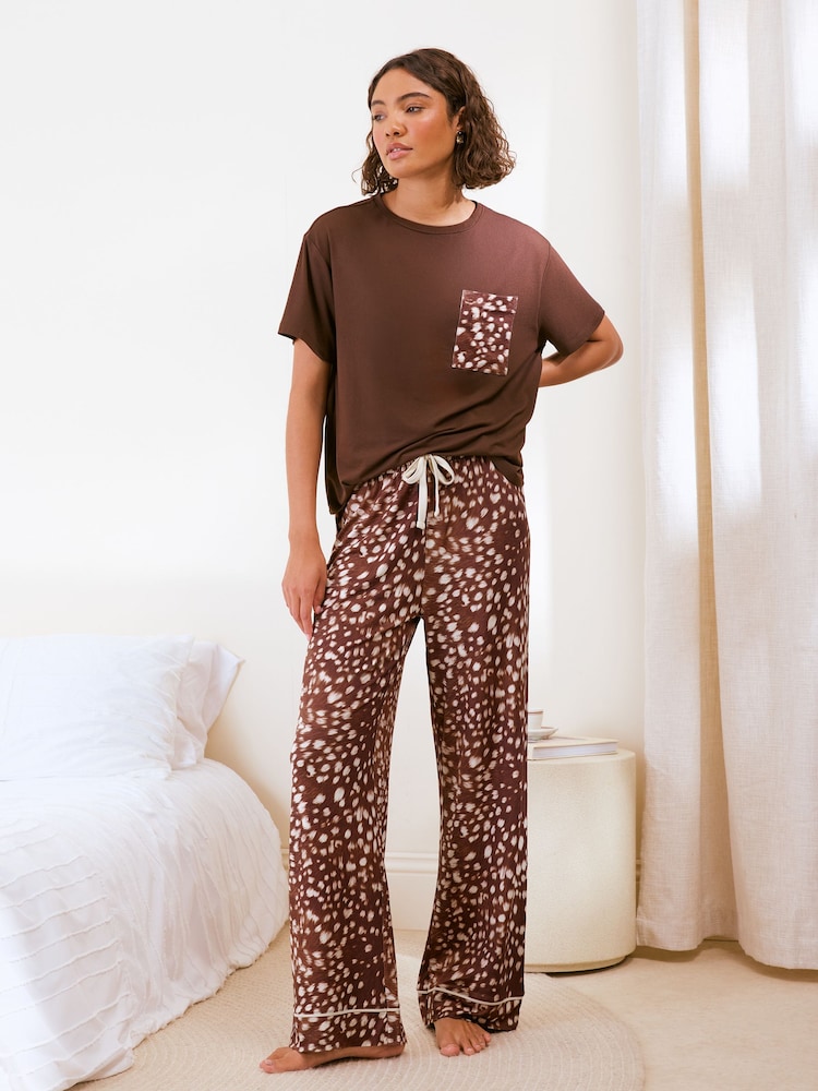 Friends Like These Brown Deer Print Petite Short Sleeve Pyjamas Set - Image 1 of 5 Friends Like These Brown Deer Print Petite Short Sleeve Pyjamas Set - Image 1 of 5