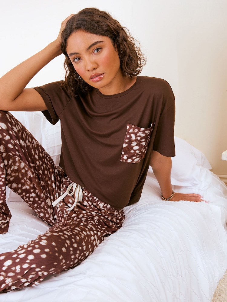 Friends Like These Brown Deer Print Petite Short Sleeve Pyjamas Set - Image 2 of 5 Friends Like These Brown Deer Print Petite Short Sleeve Pyjamas Set - Image 2 of 5