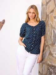 M&Co Blue Short Sleeve Button Dobby Boho Blouse - Image 1 of 1