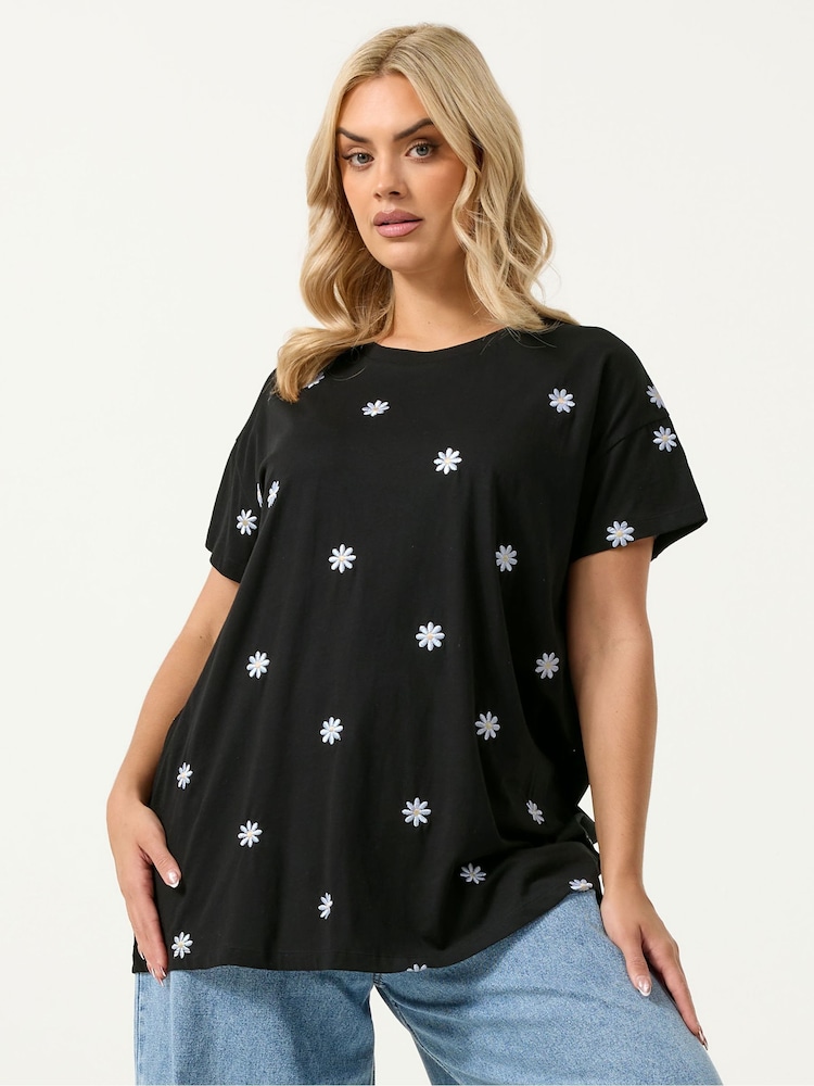 Yours Curve Black All Over Print Embroidery Daisy T-Shirt - Image 1 of 5 Yours Curve Black All Over Print Embroidery Daisy T-Shirt - Image 1 of 5