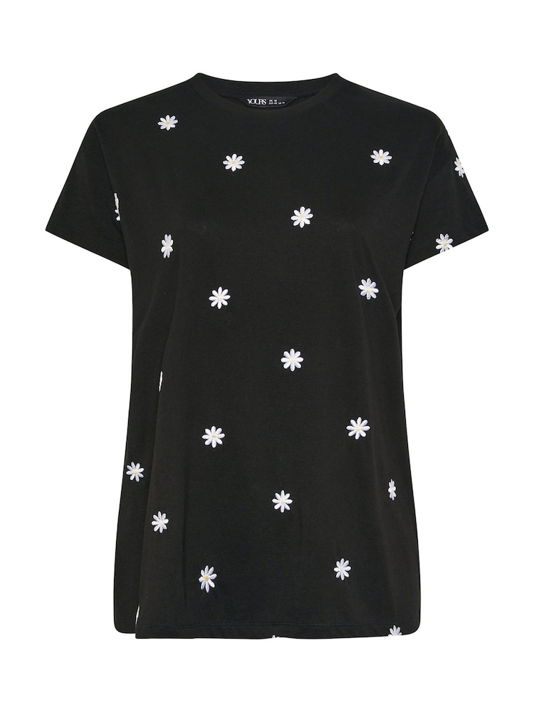 Yours Curve Black All Over Print Embroidery Daisy T-Shirt - Image 5 of 5 Yours Curve Black All Over Print Embroidery Daisy T-Shirt - Image 5 of 5