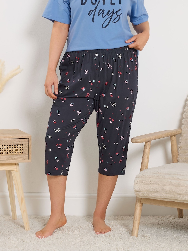 Yours Curve Blue Cherry Bows Cropped Pyjama Bottoms - Image 1 of 4
