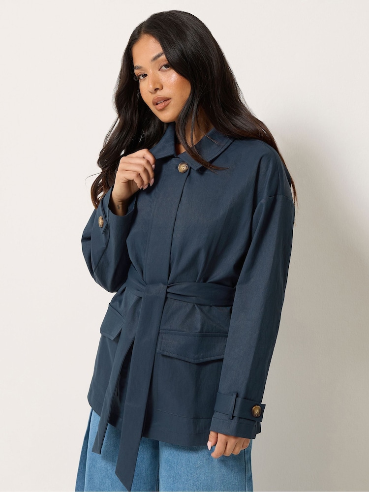 PixieGirl Petite Blue Belted Midi Trench Coat - Image 1 of 7 PixieGirl Petite Blue Belted Midi Trench Coat - Image 1 of 7