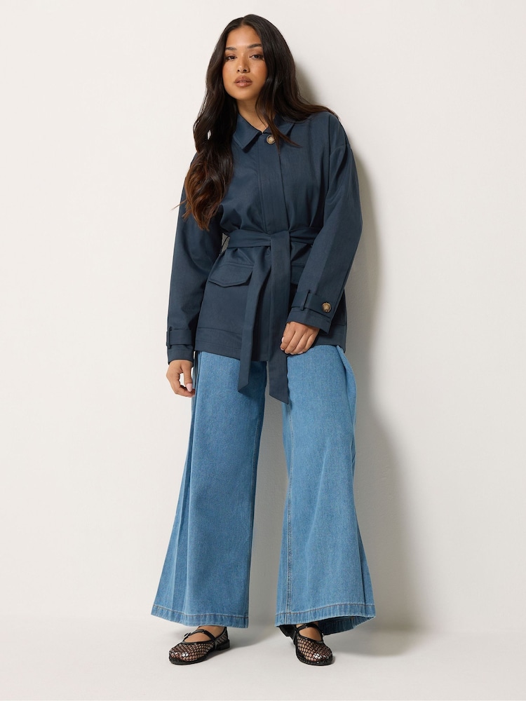 PixieGirl Petite Blue Belted Midi Trench Coat - Image 2 of 7 PixieGirl Petite Blue Belted Midi Trench Coat - Image 2 of 7