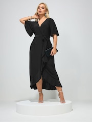Yours Curve Black London Ruffle Hem Wrap Dress - Image 1 of 5