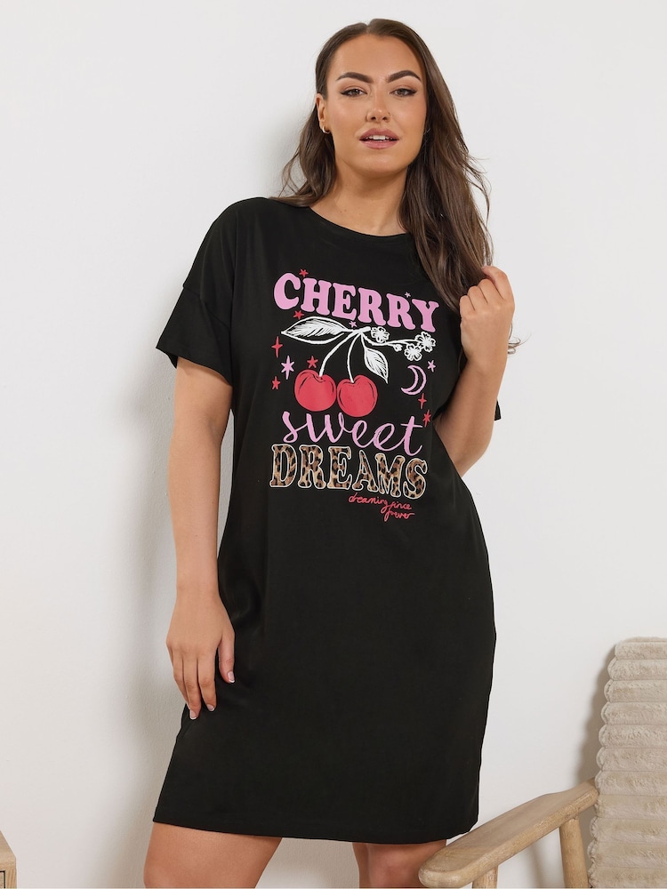 Yours Curve Black Cherry Dreams Nightdress - Image 1 of 4 Yours Curve Black Cherry Dreams Nightdress - Image 1 of 4