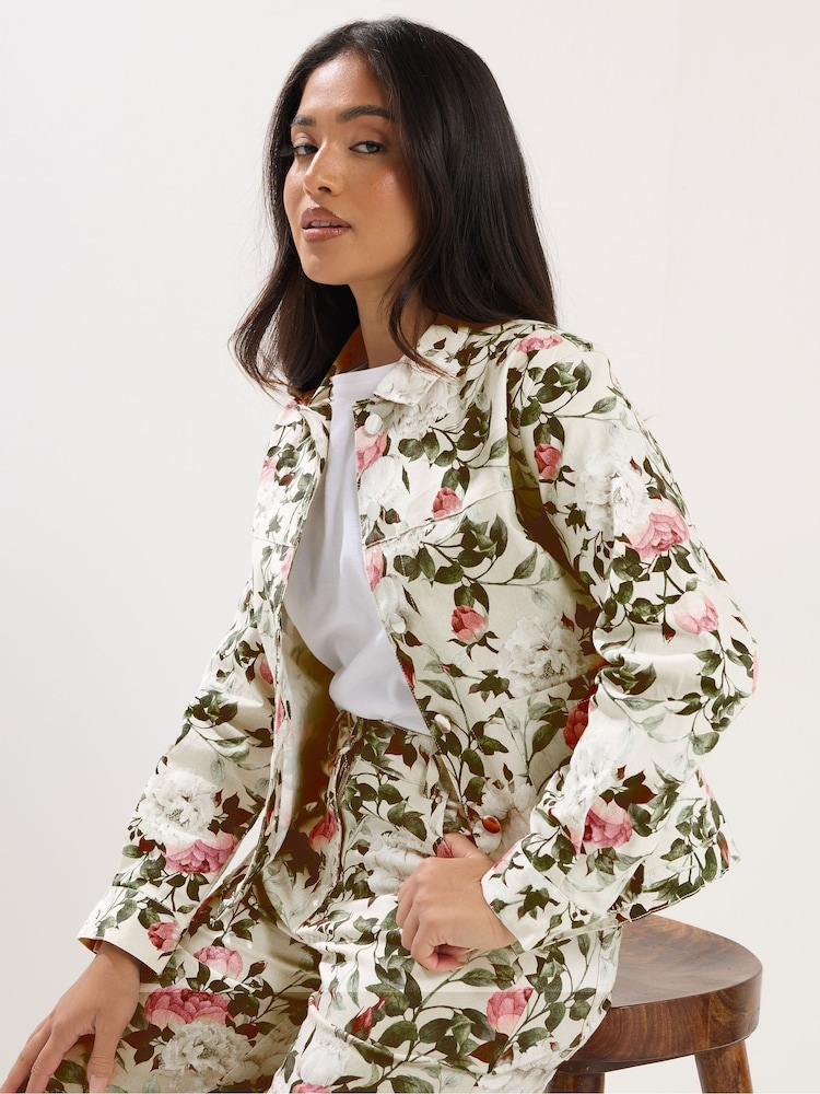 PixieGirl Petite White Floral Stretch Denim Wide Leg Joggers - Image 1 of 5 PixieGirl Petite White Floral Stretch Denim Wide Leg Joggers - Image 1 of 5