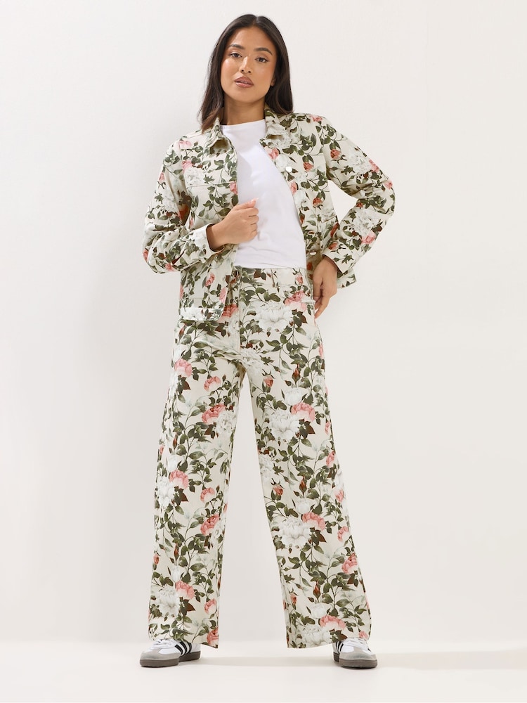 PixieGirl Petite White Floral Stretch Denim Wide Leg Joggers - Image 2 of 5 PixieGirl Petite White Floral Stretch Denim Wide Leg Joggers - Image 2 of 5