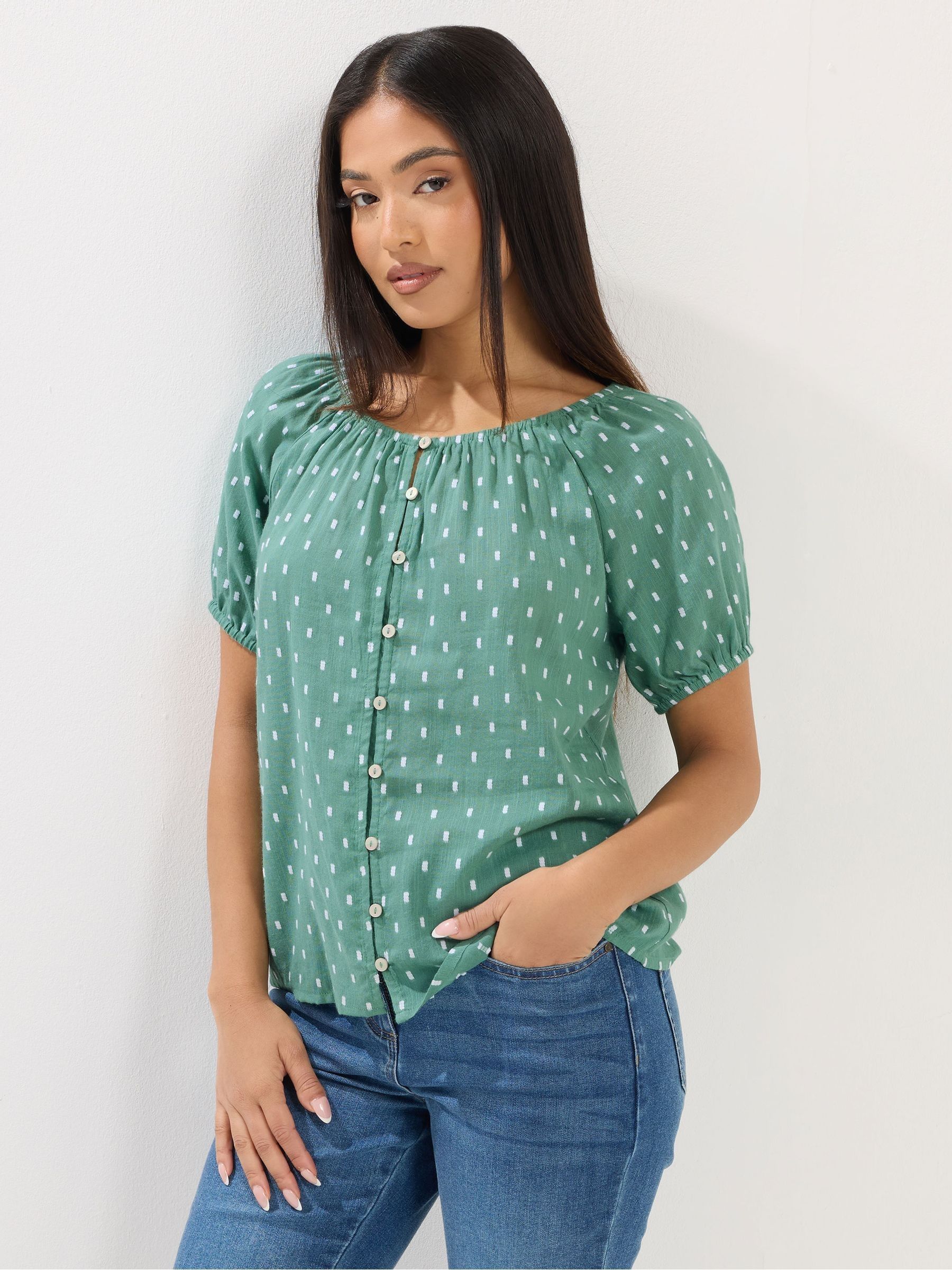 M & Co Women's Green Petite Short Sleeve Button Dobby Boho Blouse