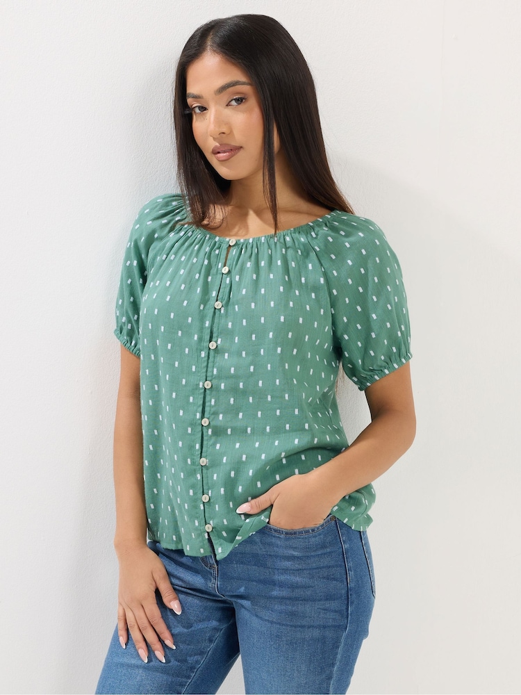 M&Co Green Petite Short Sleeve Button Dobby Boho Blouse - Image 1 of 4