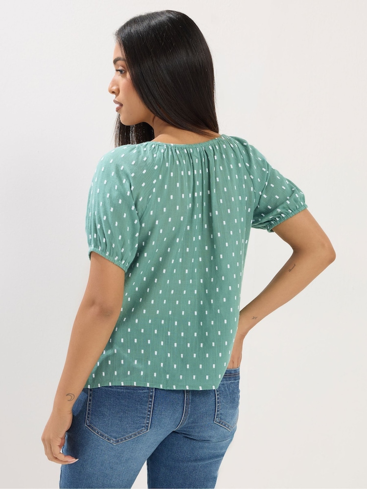 M&Co Green Petite Short Sleeve Button Dobby Boho Blouse - Image 2 of 4