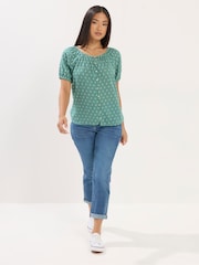 M&Co Green Petite Short Sleeve Button Dobby Boho Blouse - Image 3 of 4