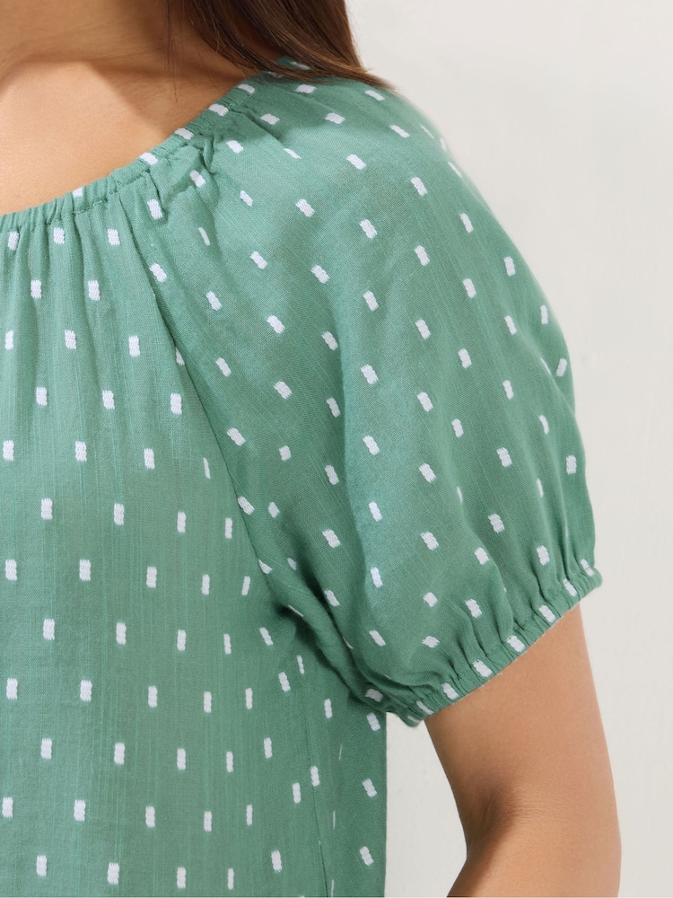 M&Co Green Petite Short Sleeve Button Dobby Boho Blouse - Image 4 of 4