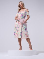 Yours Curve Pink London Floral Cold Shoulder Panel Skater Dress - Image 1 of 5