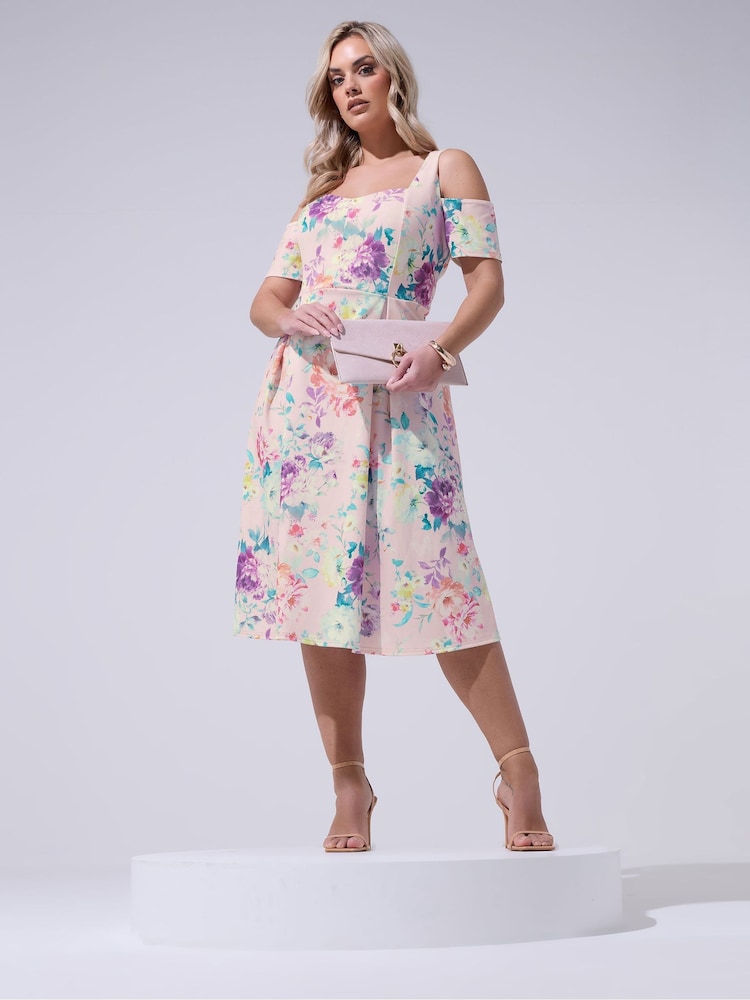 Yours Curve Pink London Floral Cold Shoulder Panel Skater Dress - Image 1 of 5 Yours Curve Pink London Floral Cold Shoulder Panel Skater Dress - Image 1 of 5