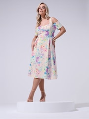 Yours Curve Pink London Floral Cold Shoulder Panel Skater Dress - Image 2 of 5