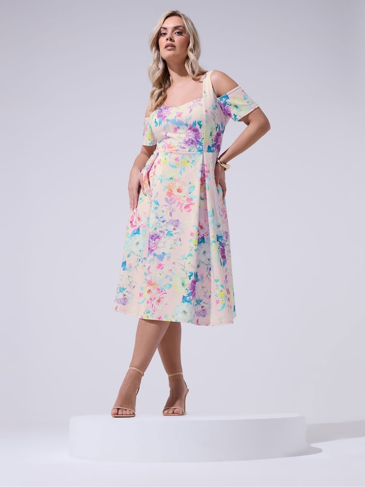 Yours Curve Pink London Floral Cold Shoulder Panel Skater Dress - Image 2 of 5 Yours Curve Pink London Floral Cold Shoulder Panel Skater Dress - Image 2 of 5