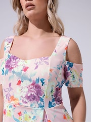 Yours Curve Pink London Floral Cold Shoulder Panel Skater Dress - Image 4 of 5