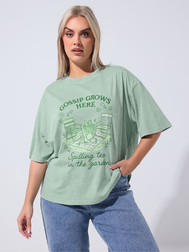 Yours Curve Green Limited Acid Wash Gossip T-Shirt - Image 1 of 5