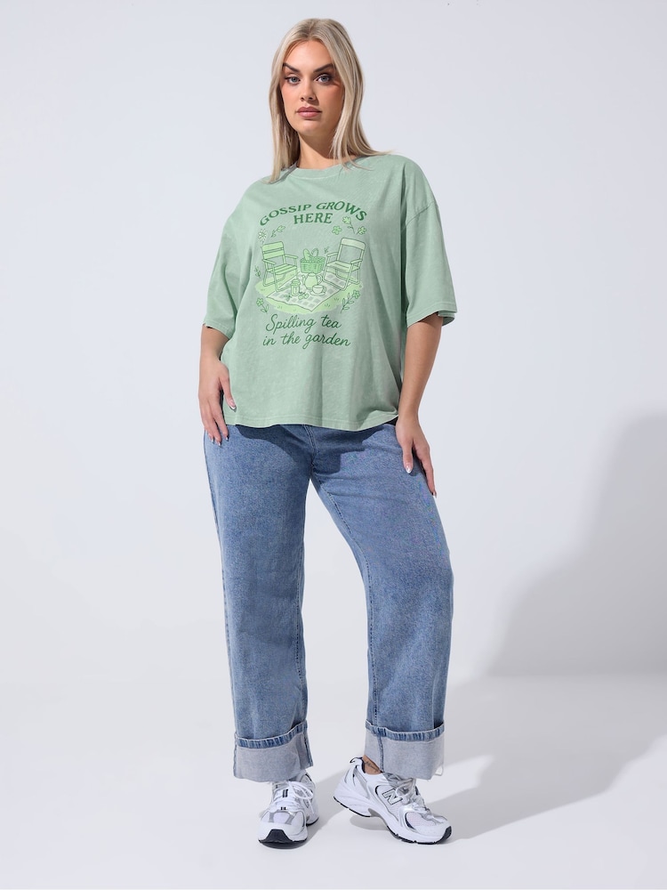 Yours Curve Green Limited Acid Wash Gossip T-Shirt - Image 2 of 5