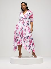 Yours Curve White London Floral Wrap Hanky Mesh Dress - Image 1 of 5