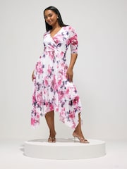 Yours Curve White London Floral Wrap Hanky Mesh Dress - Image 2 of 5