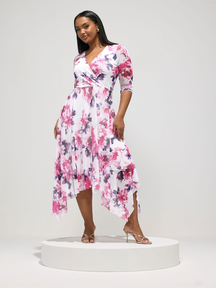 Yours Curve White London Floral Wrap Hanky Mesh Dress - Image 2 of 5 Yours Curve White London Floral Wrap Hanky Mesh Dress - Image 2 of 5