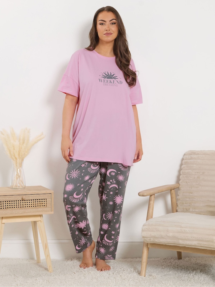 Yours Curve Pink Weekend Dreaming Short Sleeve Wide Leg Pyjamas Set - Image 2 of 4