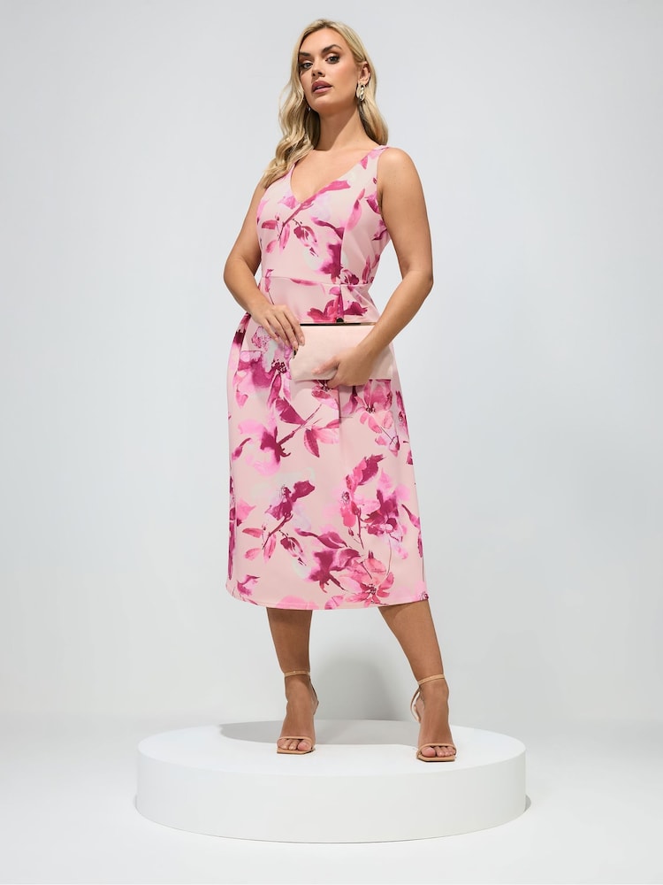 Yours Curve Pink London Floral V-Neck Pleated Skater Dress - Image 2 of 6