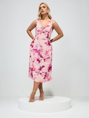 Yours Curve Pink London Floral V-Neck Pleated Skater Dress - Image 3 of 6